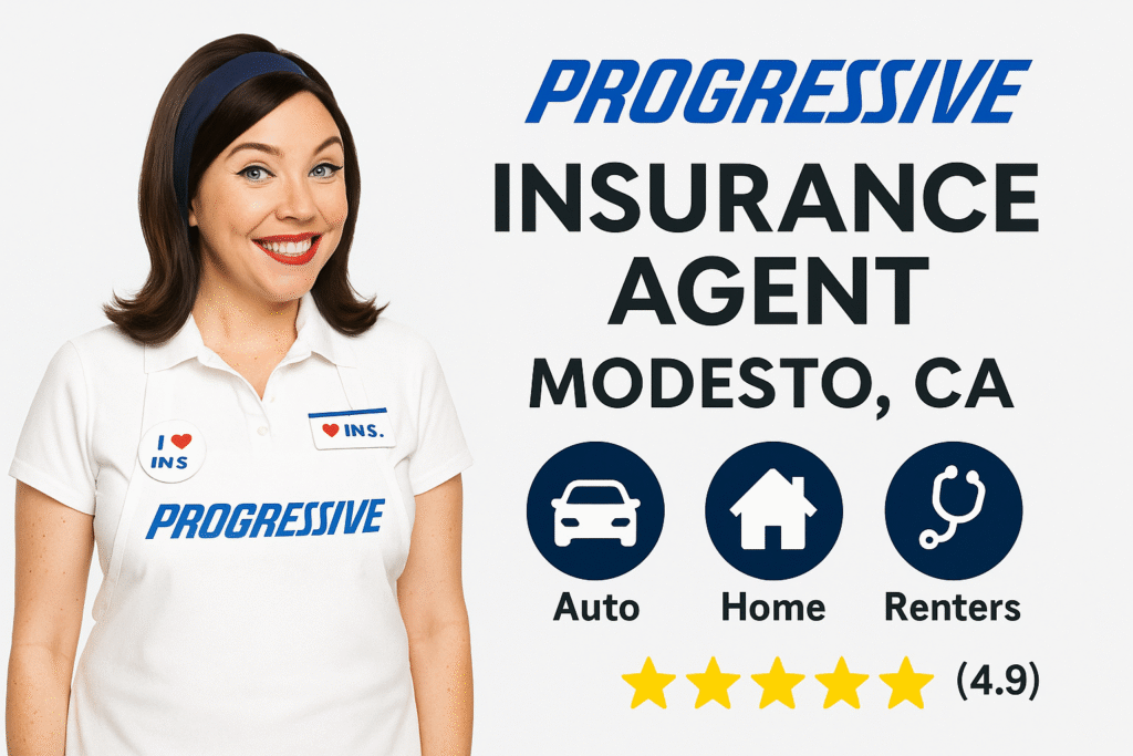 Independent agent helping a Modesto driver compare Progressive insurance quotes on a laptop