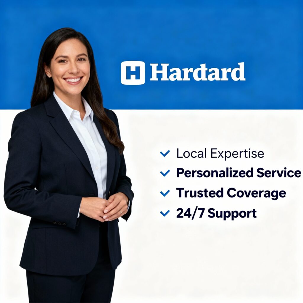 Insurance agent standing beside a list of service highlights