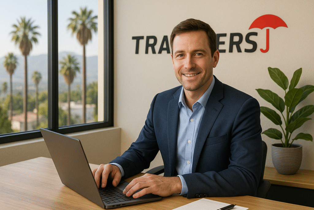 California Travelers insurance agent reviewing policy options with a family near the coast