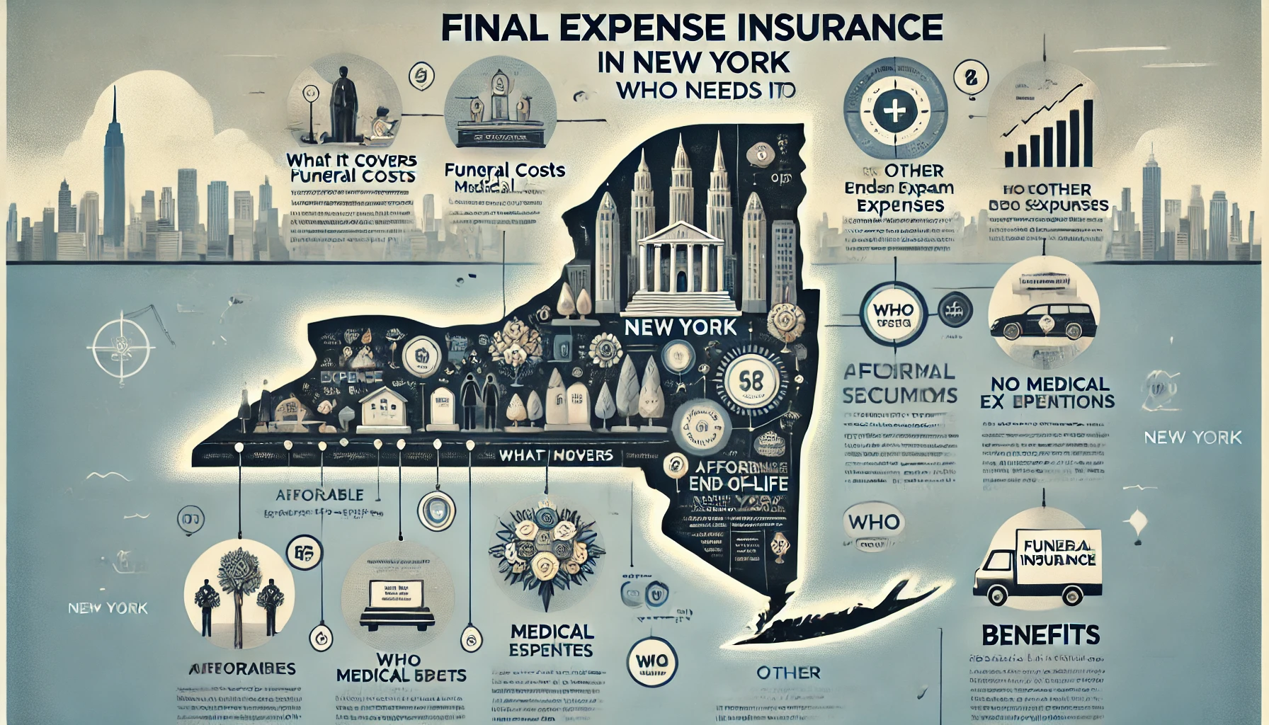 Final expense life insurance in New York with Statue of Liberty silhouette and family planning icons