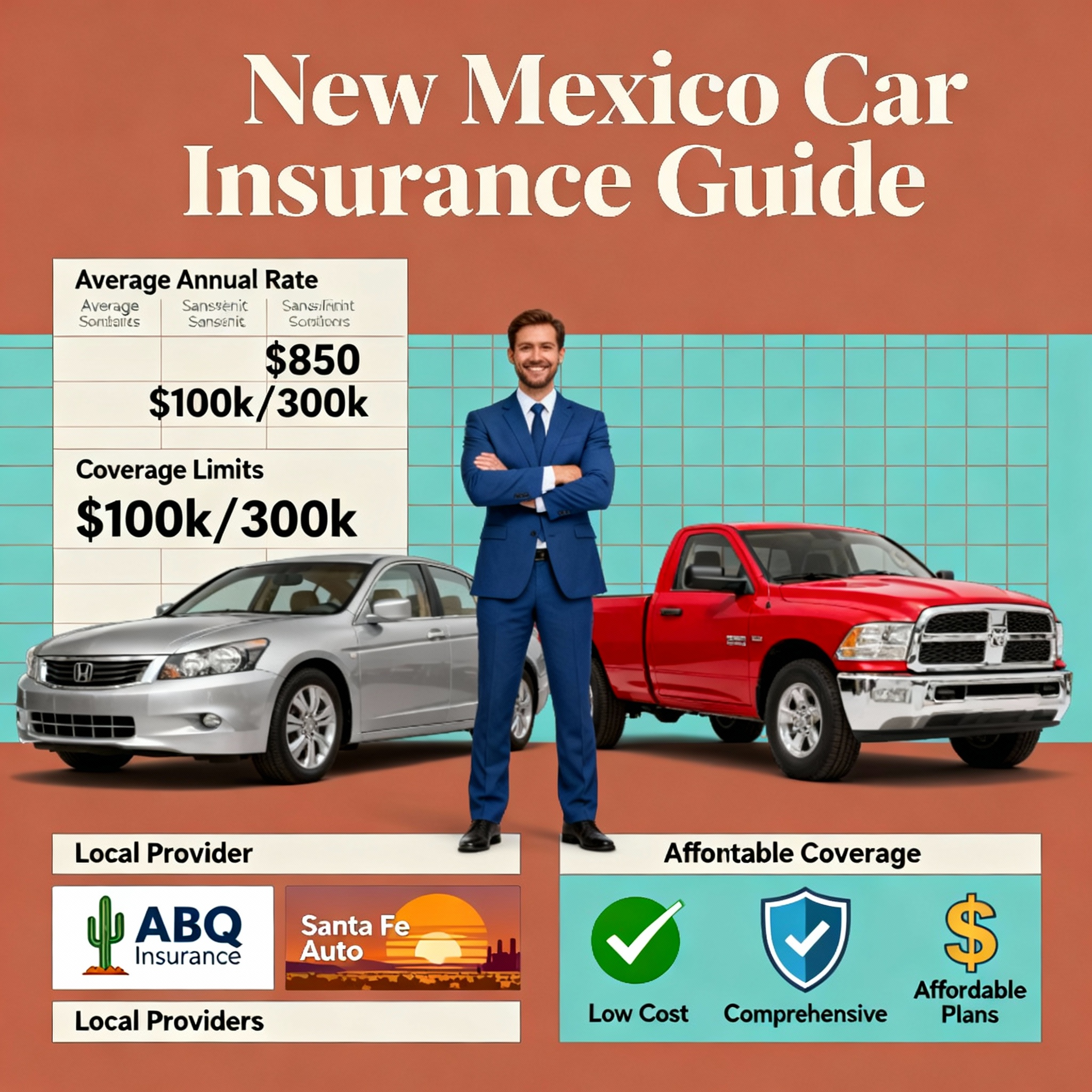 New Mexico highway near red rock mesas with a driver comparing car insurance quotes