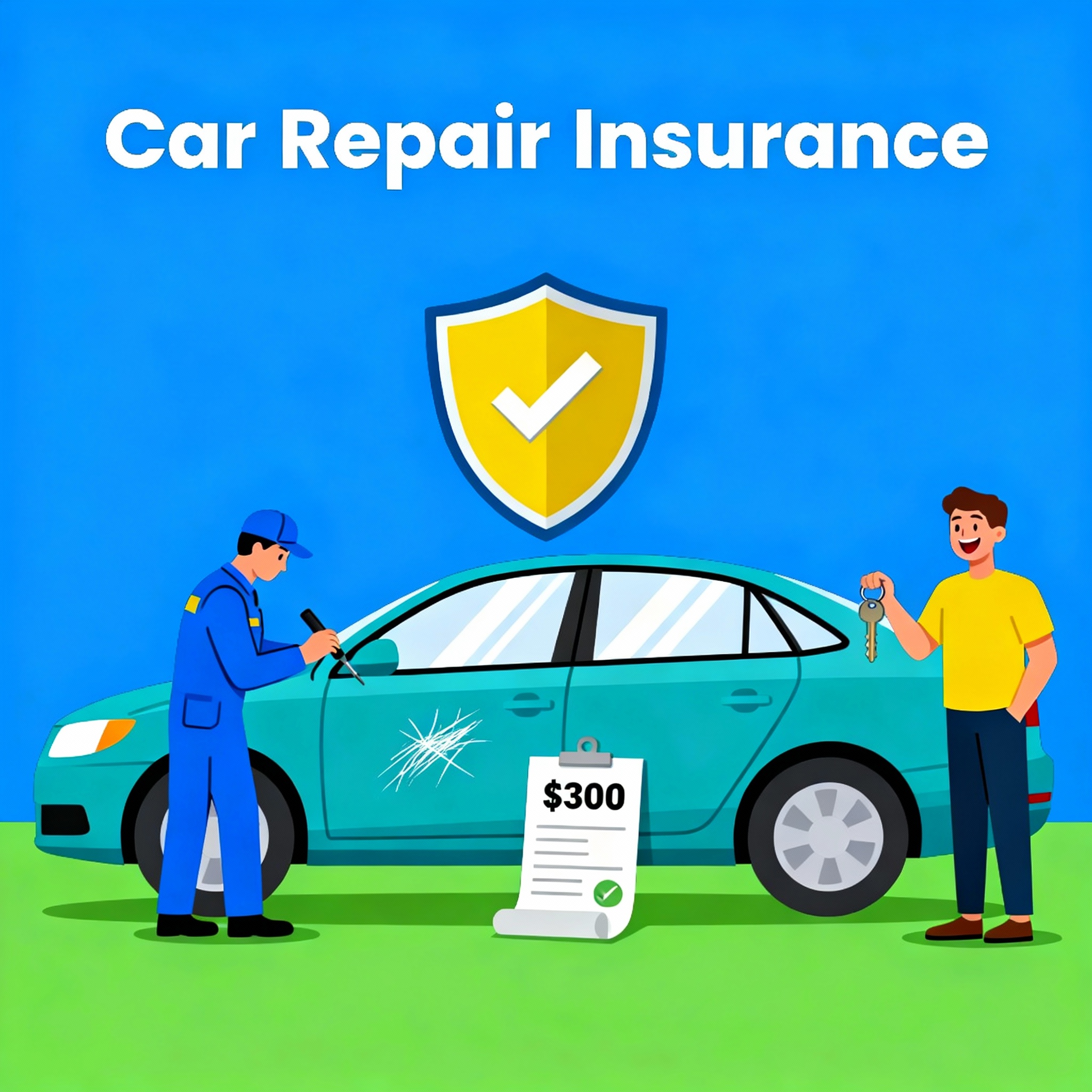 Driver reviewing car repair insurance options on a phone beside a vehicle at a repair shop