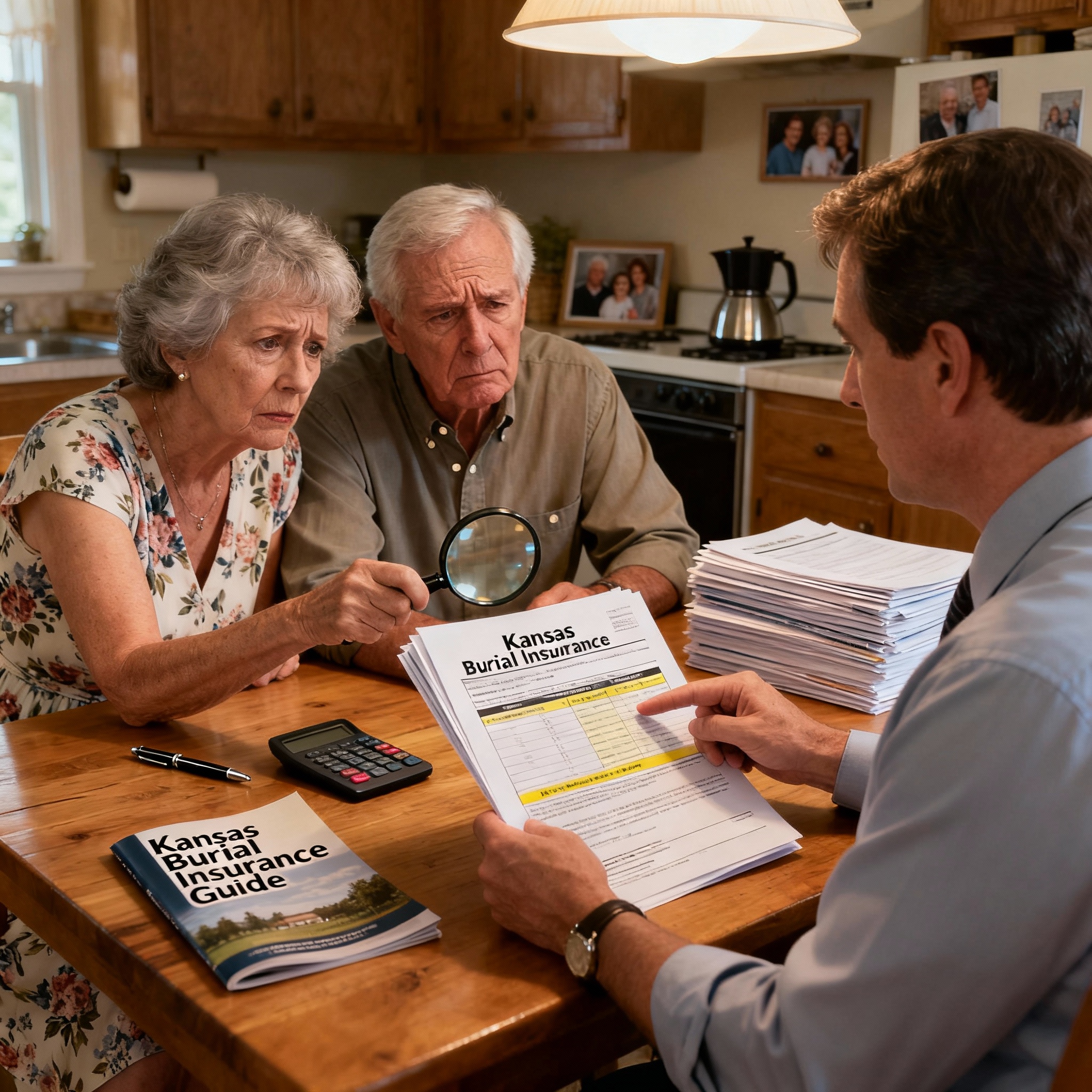 Kansas couple meeting with an independent agent to compare affordable burial insurance options