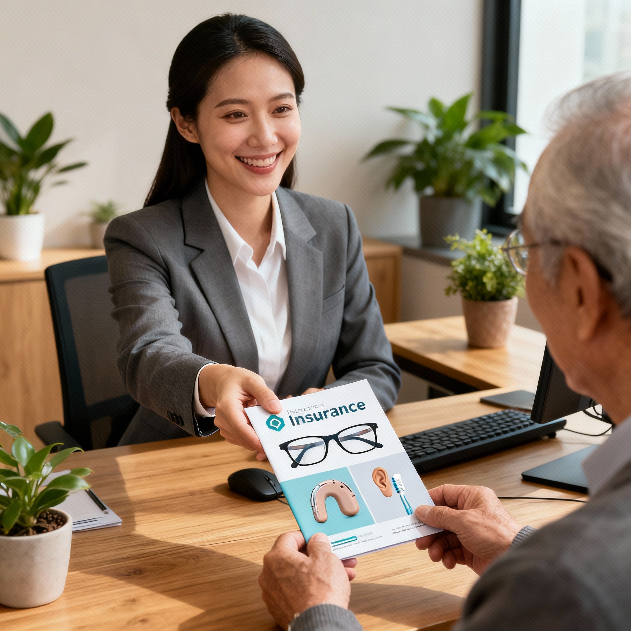 Senior couple reviewing dental, vision, and hearing insurance options on a tablet