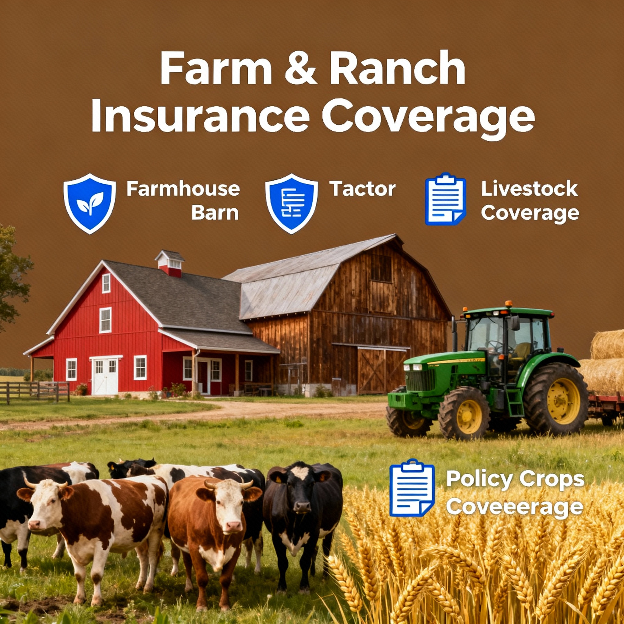Working ranch with barns, fencing, and grazing cattle—farm and ranch insurance concept