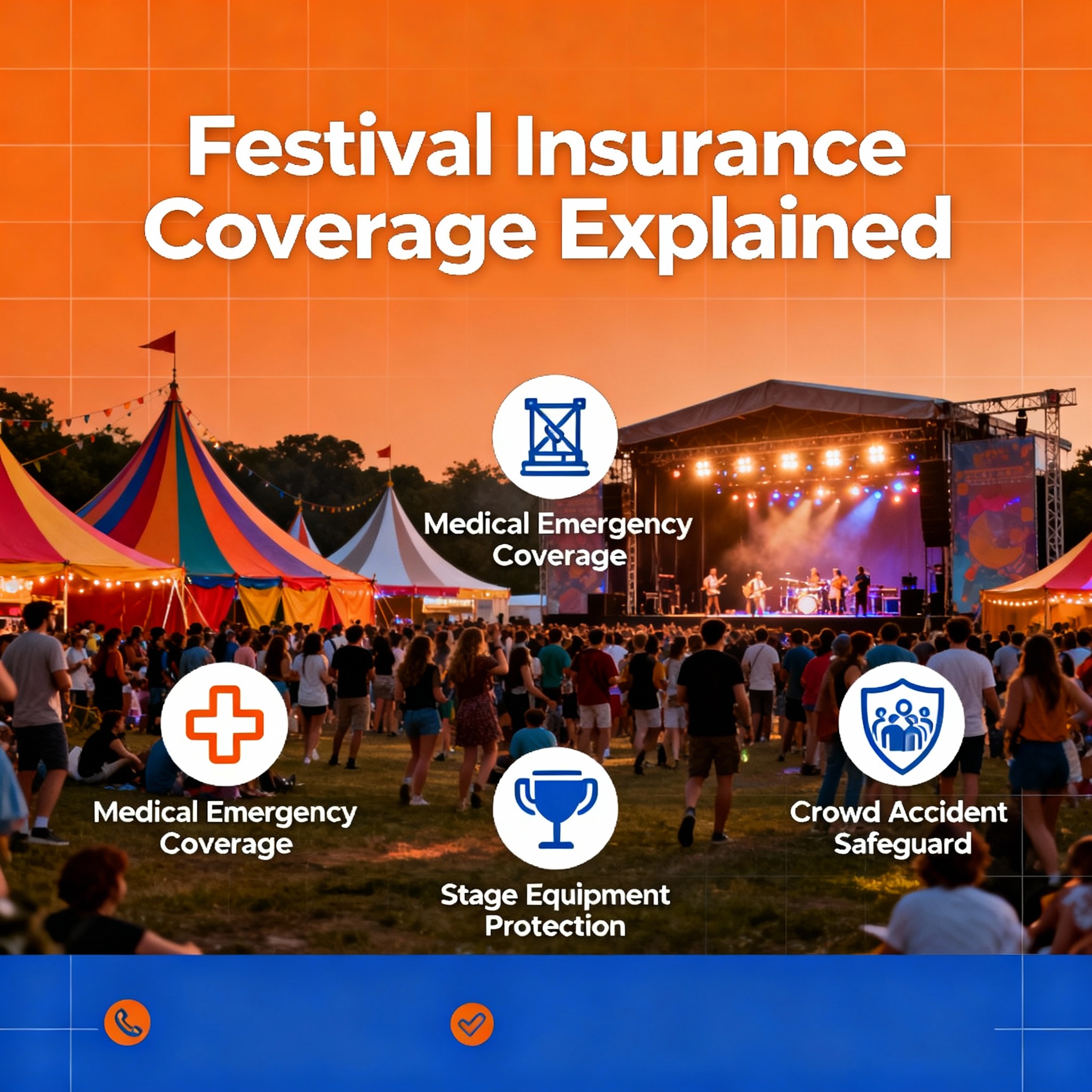 Outdoor music festival with stage, tents, and attendees—festival insurance planning