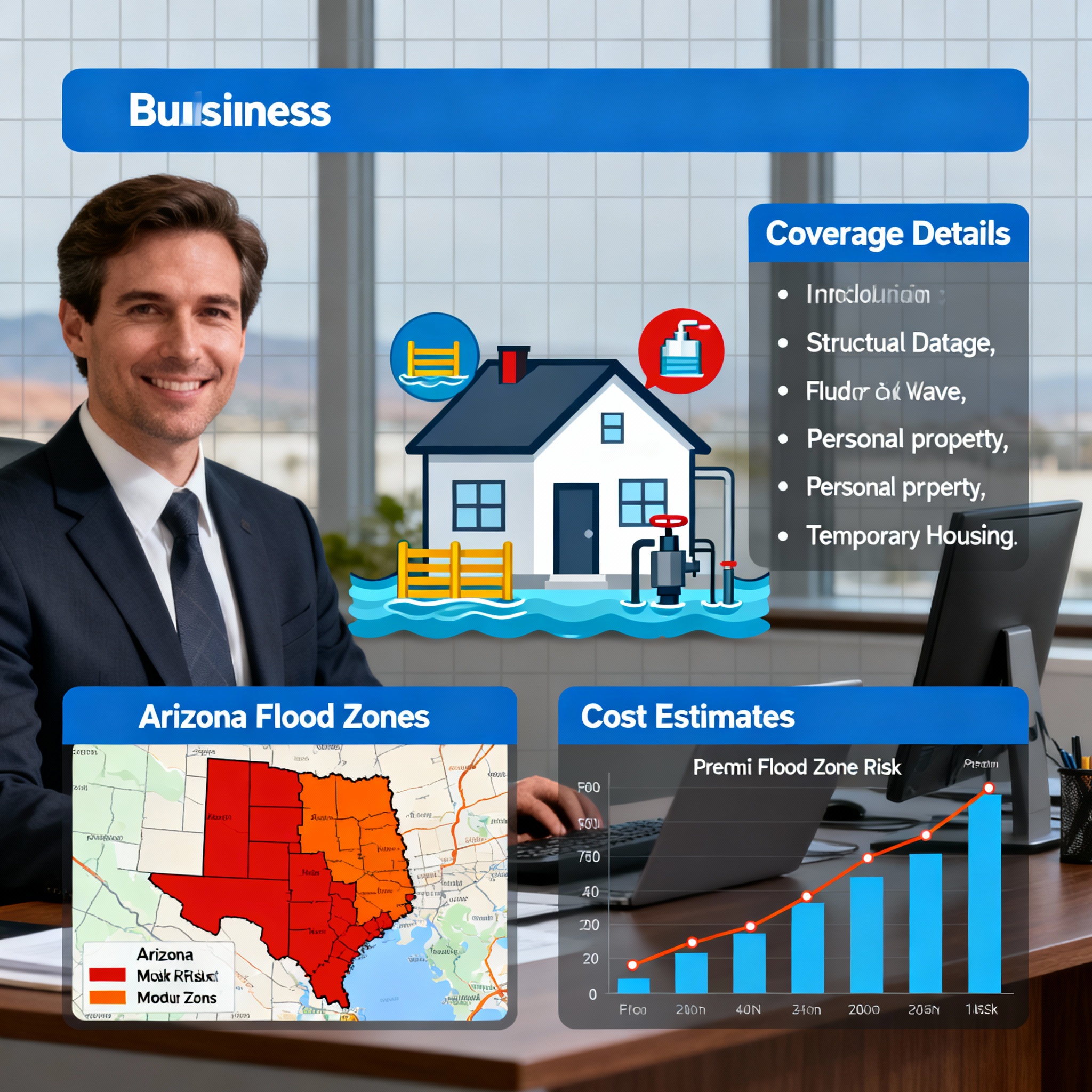 Arizona neighborhood near a desert wash after monsoon rains, homeowner reviewing flood insurance options