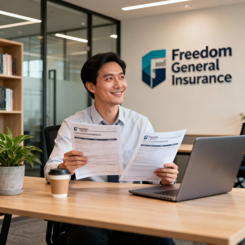 Insurance customer reviewing policy paperwork at a desk