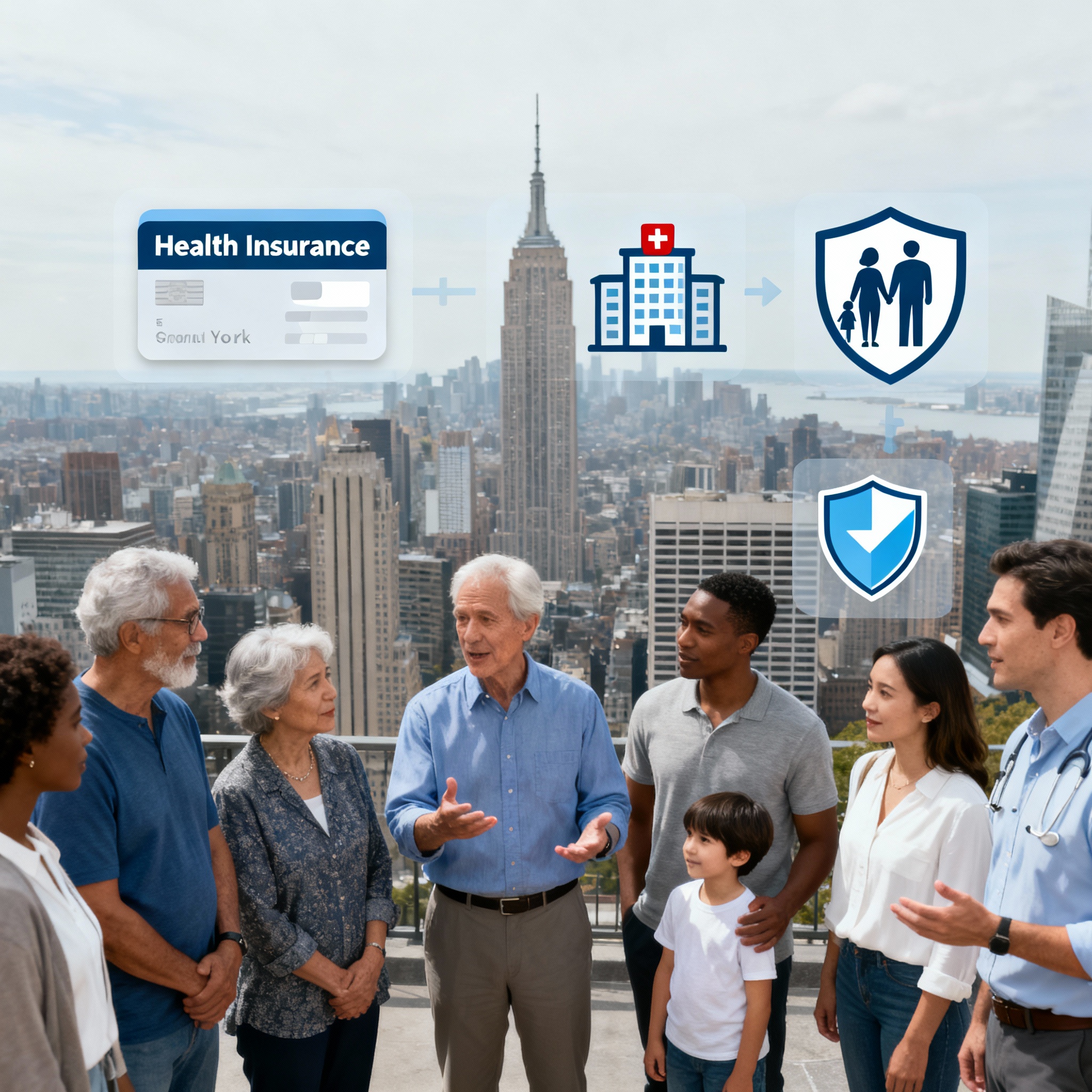 New York residents comparing Marketplace, Essential Plan, Medicaid, and Medicare coverage options on a laptop