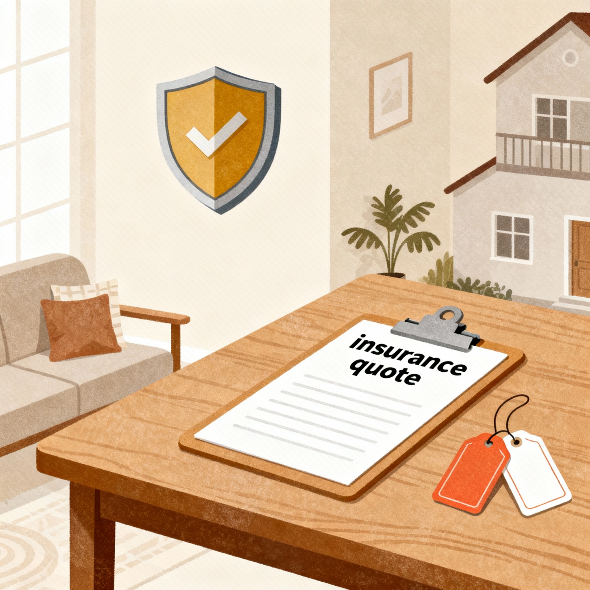 Two-story home with landscaped yard and a clipboard—symbolizing homeowners insurance quotes and comparisons