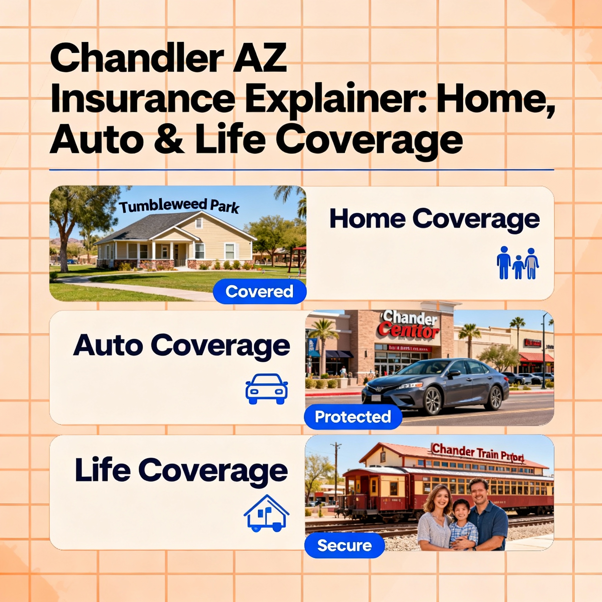 Downtown Chandler, Arizona streetscape with homes and small businesses representing local insurance needs