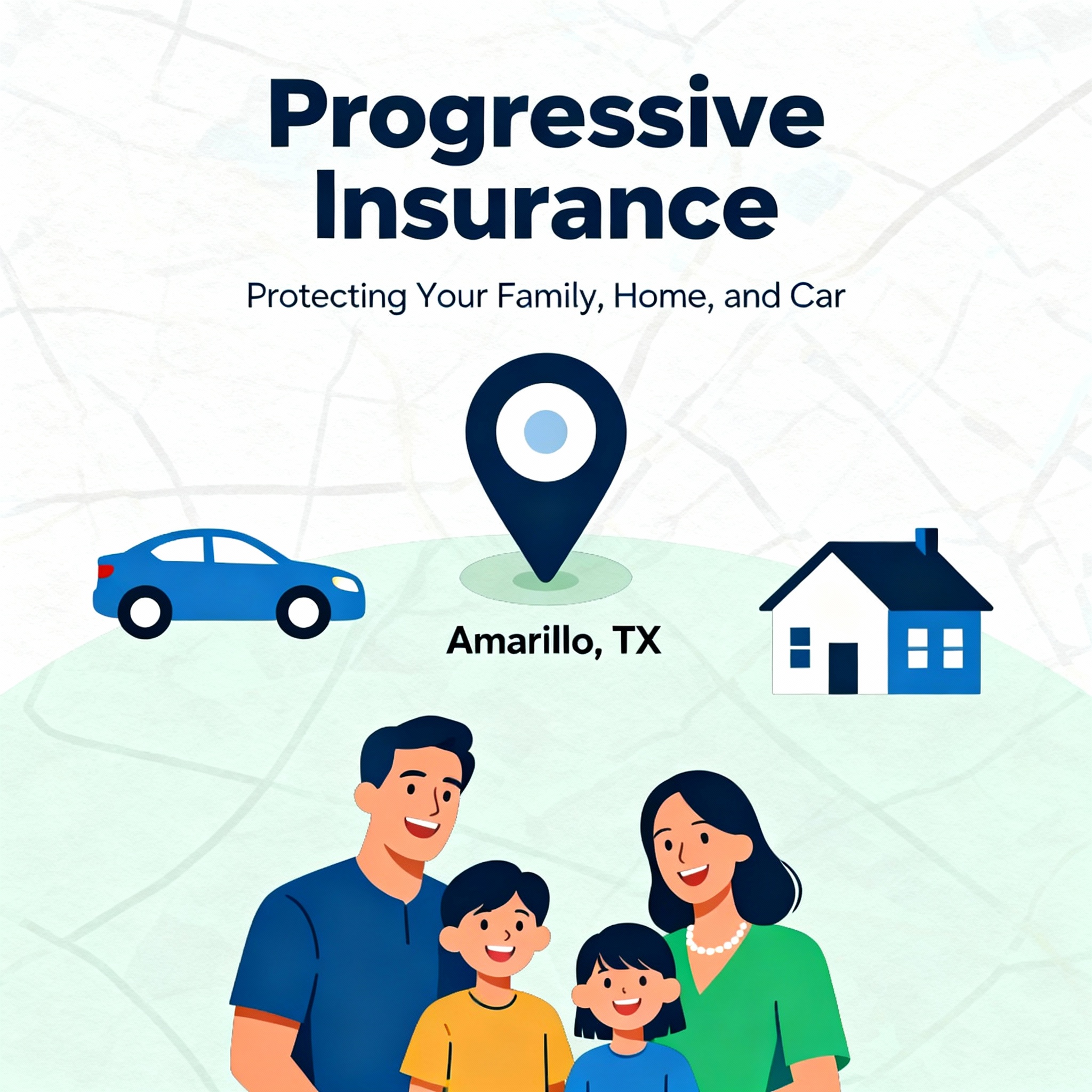 Amarillo skyline and neighborhood street with cars and homes, representing Progressive Insurance options