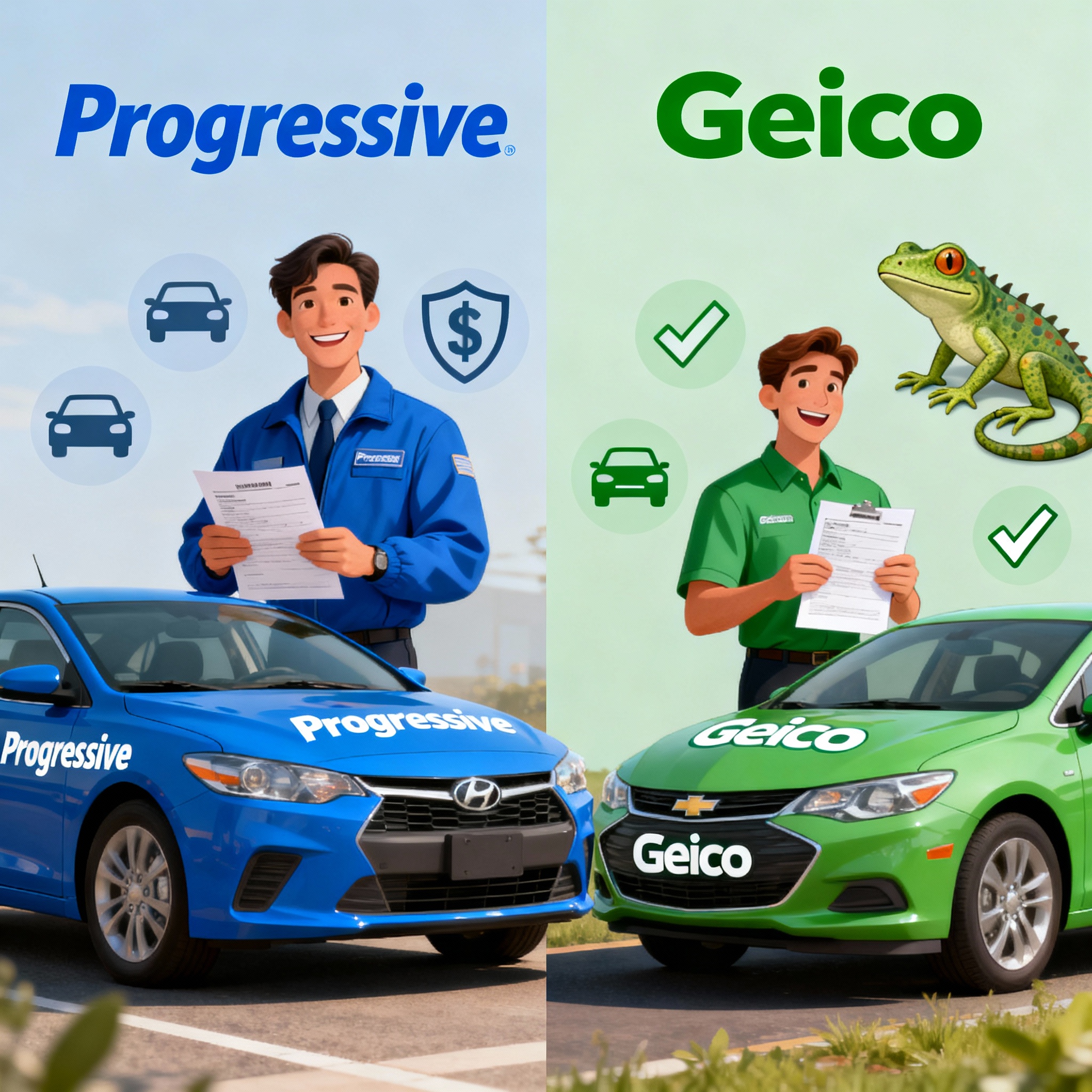 Progressive vs GEICO auto insurance comparison with cars on highway