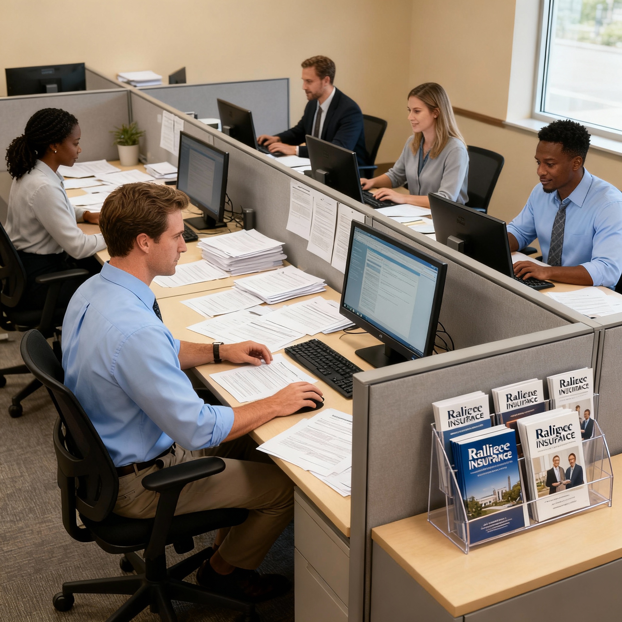 Raleigh skyline with a local insurance agent helping a family review coverage options