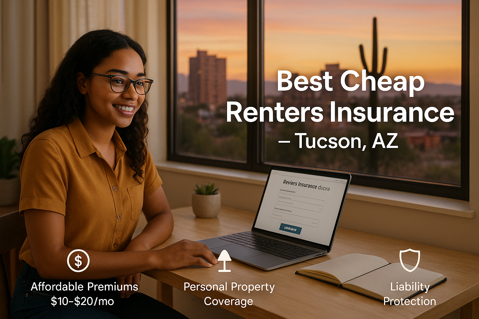 Tucson renter comparing affordable renters insurance quotes with desert skyline in background