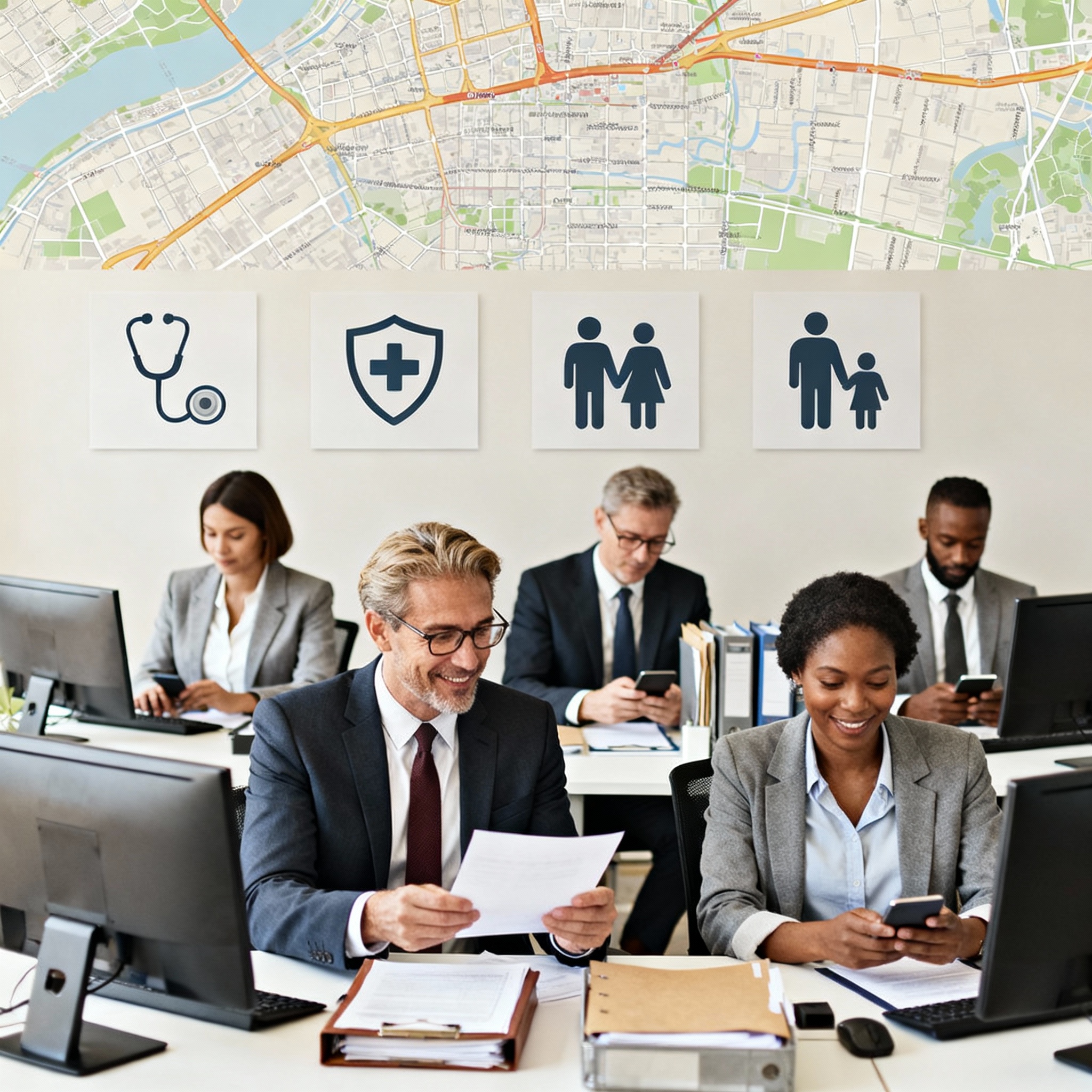 Independent health insurance broker reviewing plans with a family