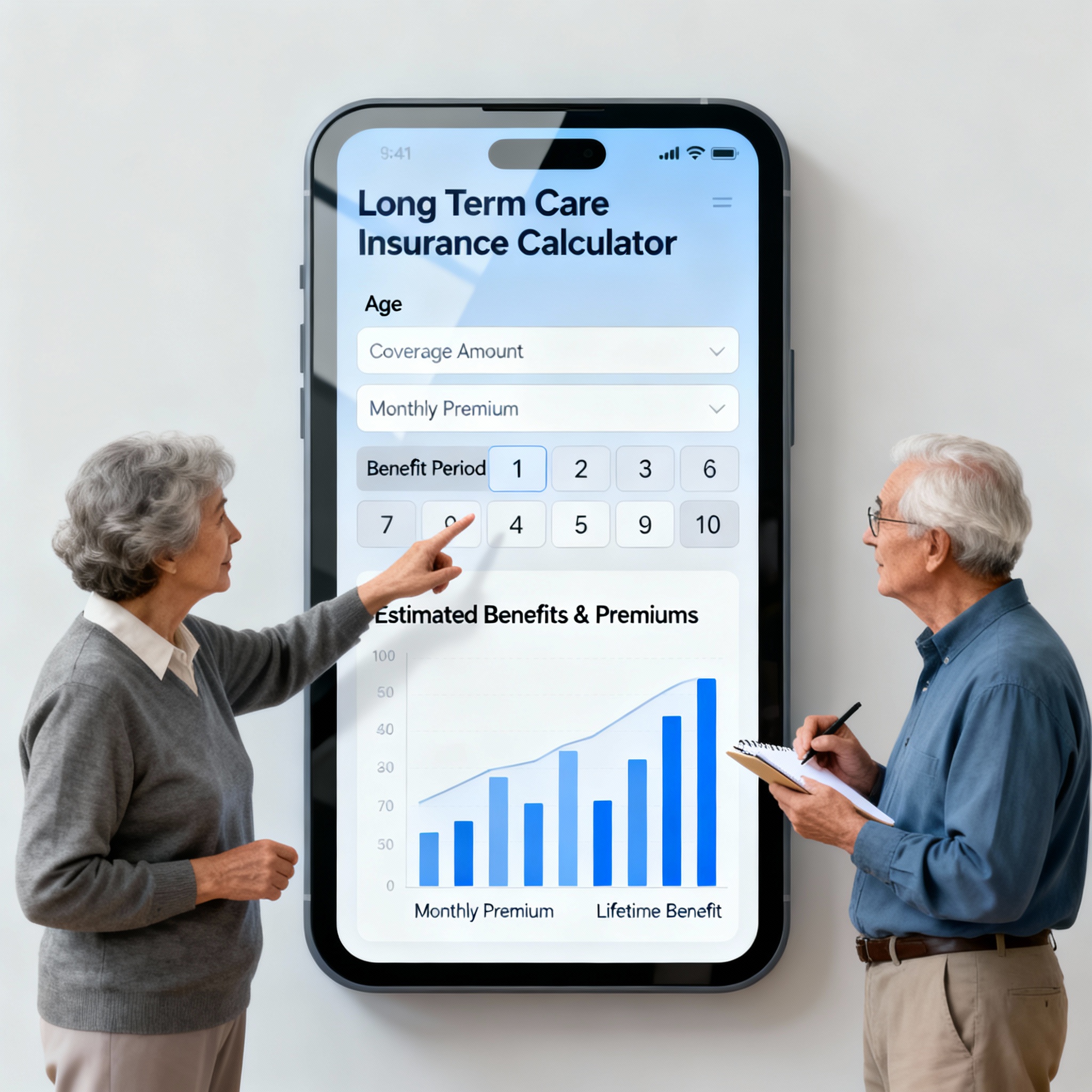 Senior couple reviewing long-term care insurance planning options with an independent agent