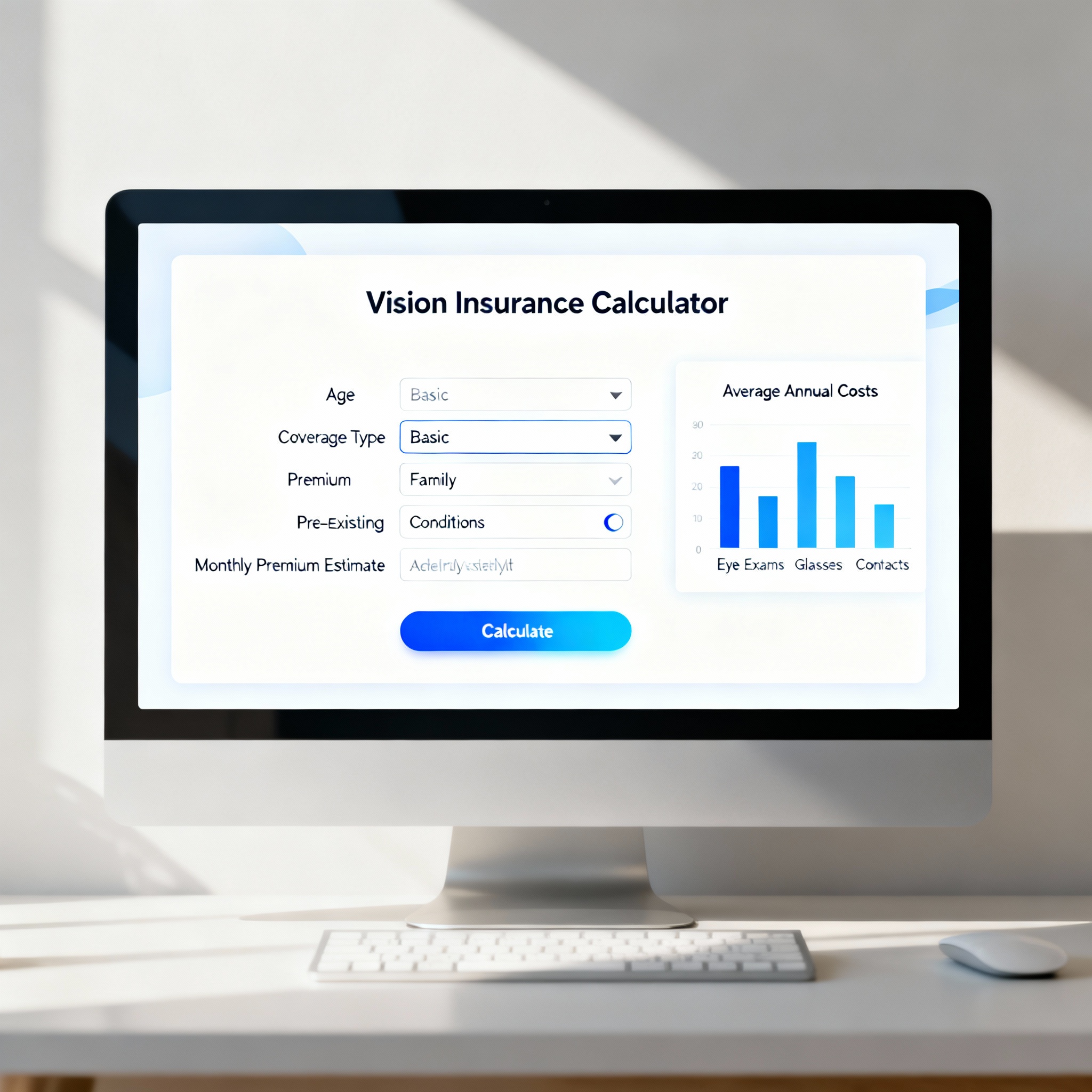 Vision insurance calculator comparing cash costs with plan premiums, copays, and allowances