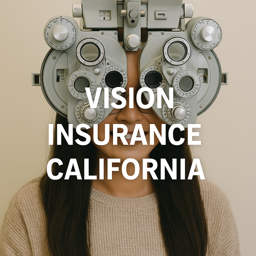 Adult comparing California vision insurance plans on a laptop with glasses and frames on desk