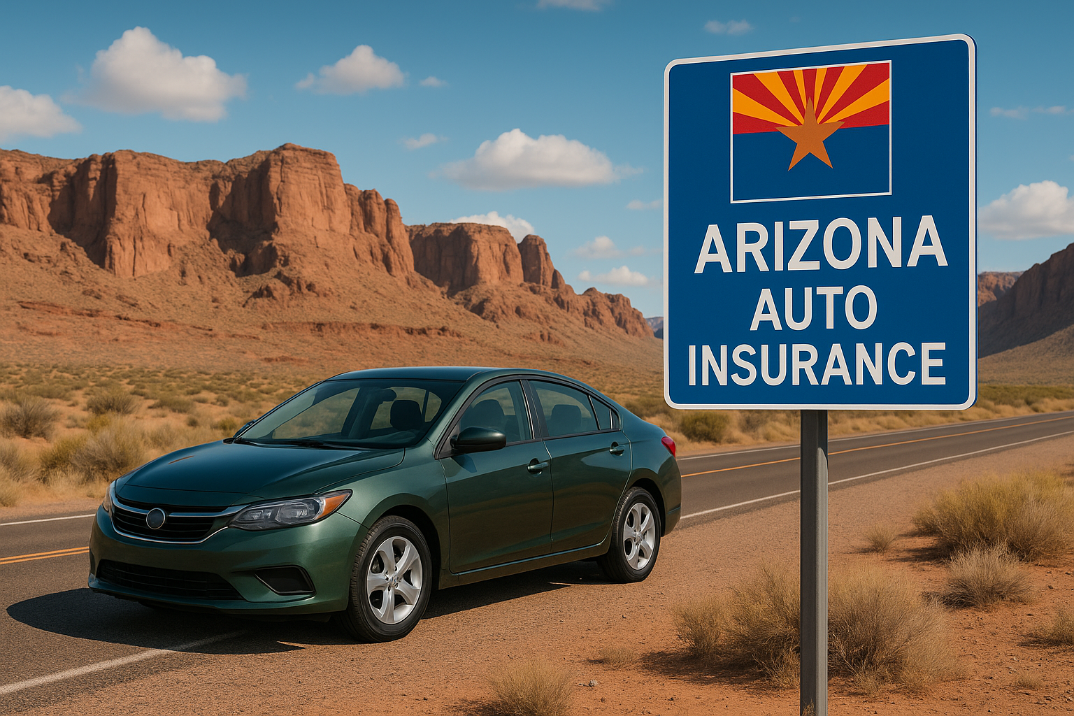 Desert highway with car driving under Arizona sun