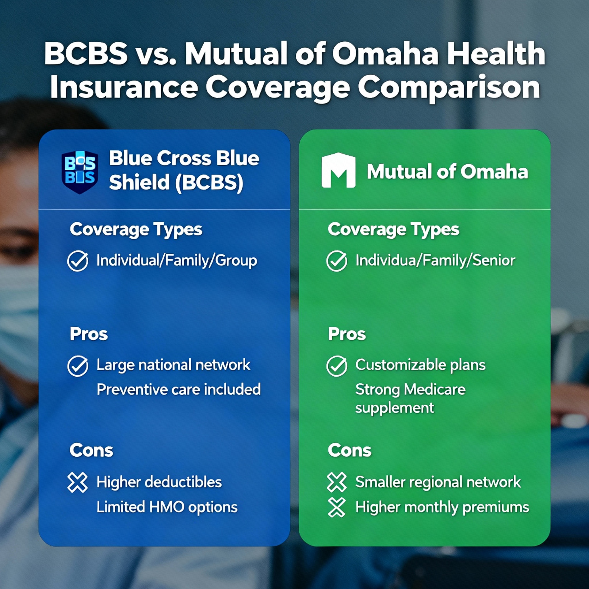 Senior couple comparing BCBS and Mutual of Omaha Medicare options with an independent agent