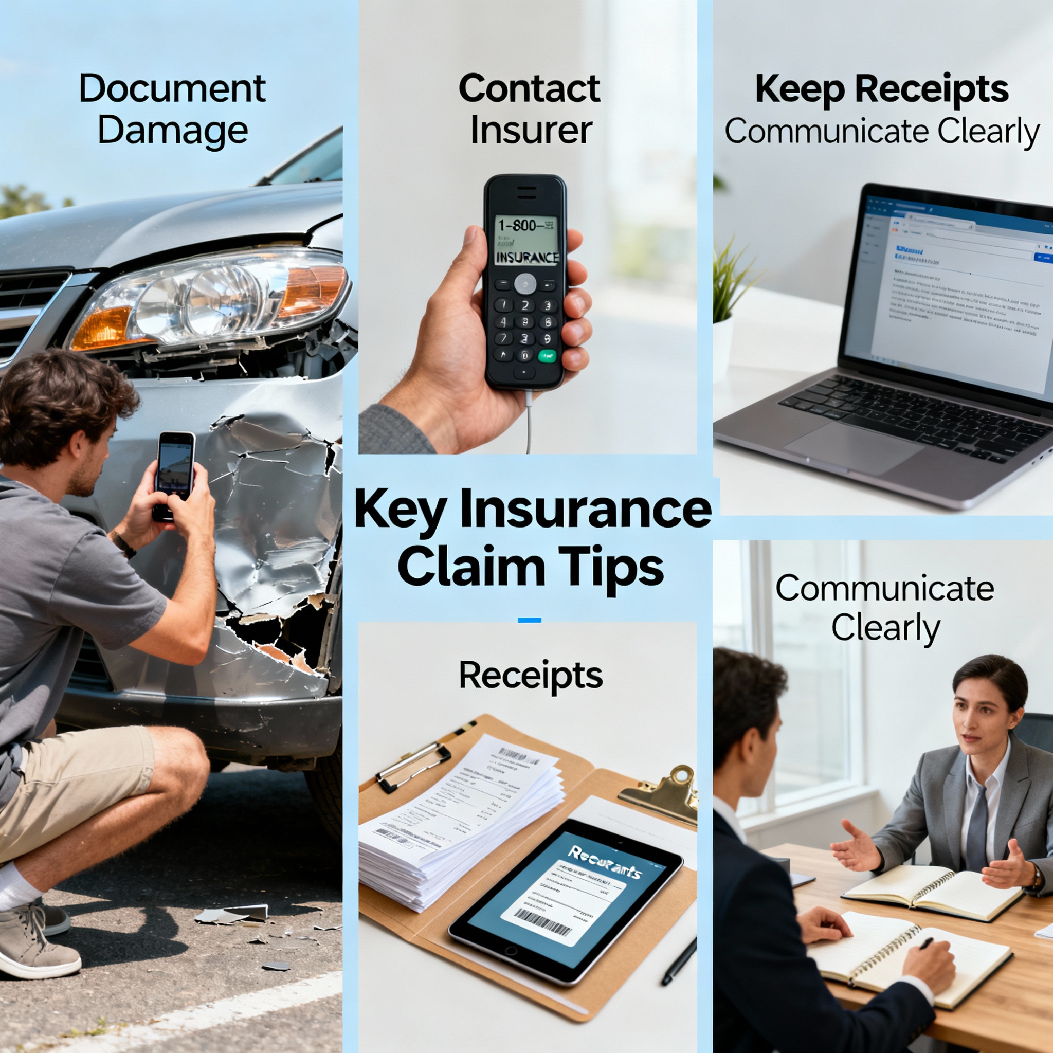 Homeowner and agent reviewing photos and receipts while filing an insurance claim at a kitchen table