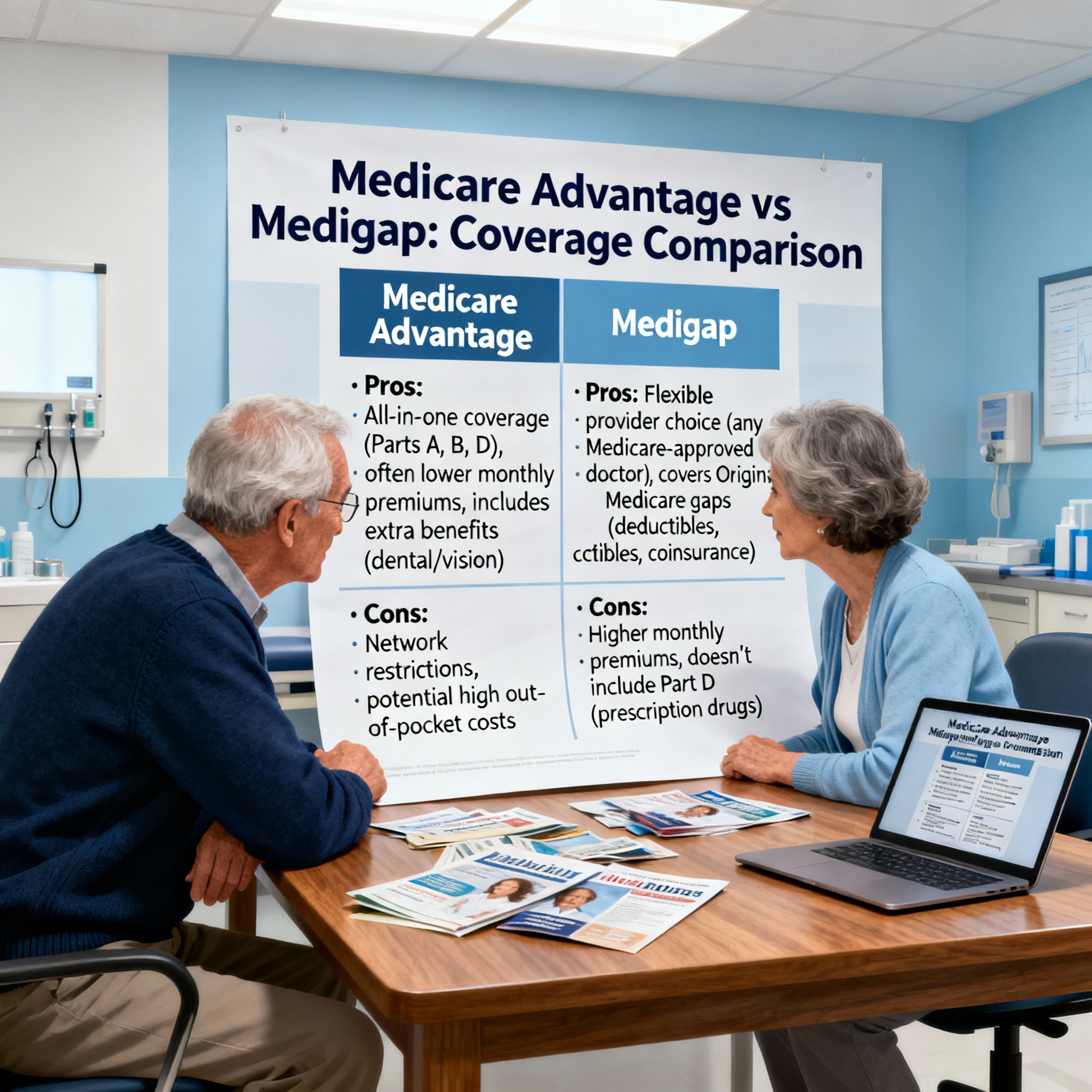 Agent comparing Medicare Advantage and Medigap with a beneficiary for the 2026 plan year
