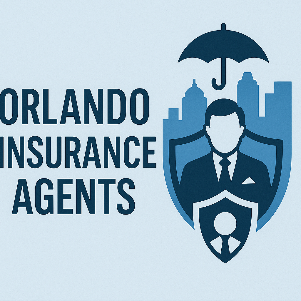 Skyline of Orlando, Florida with suburban homes and insurance icon overlay