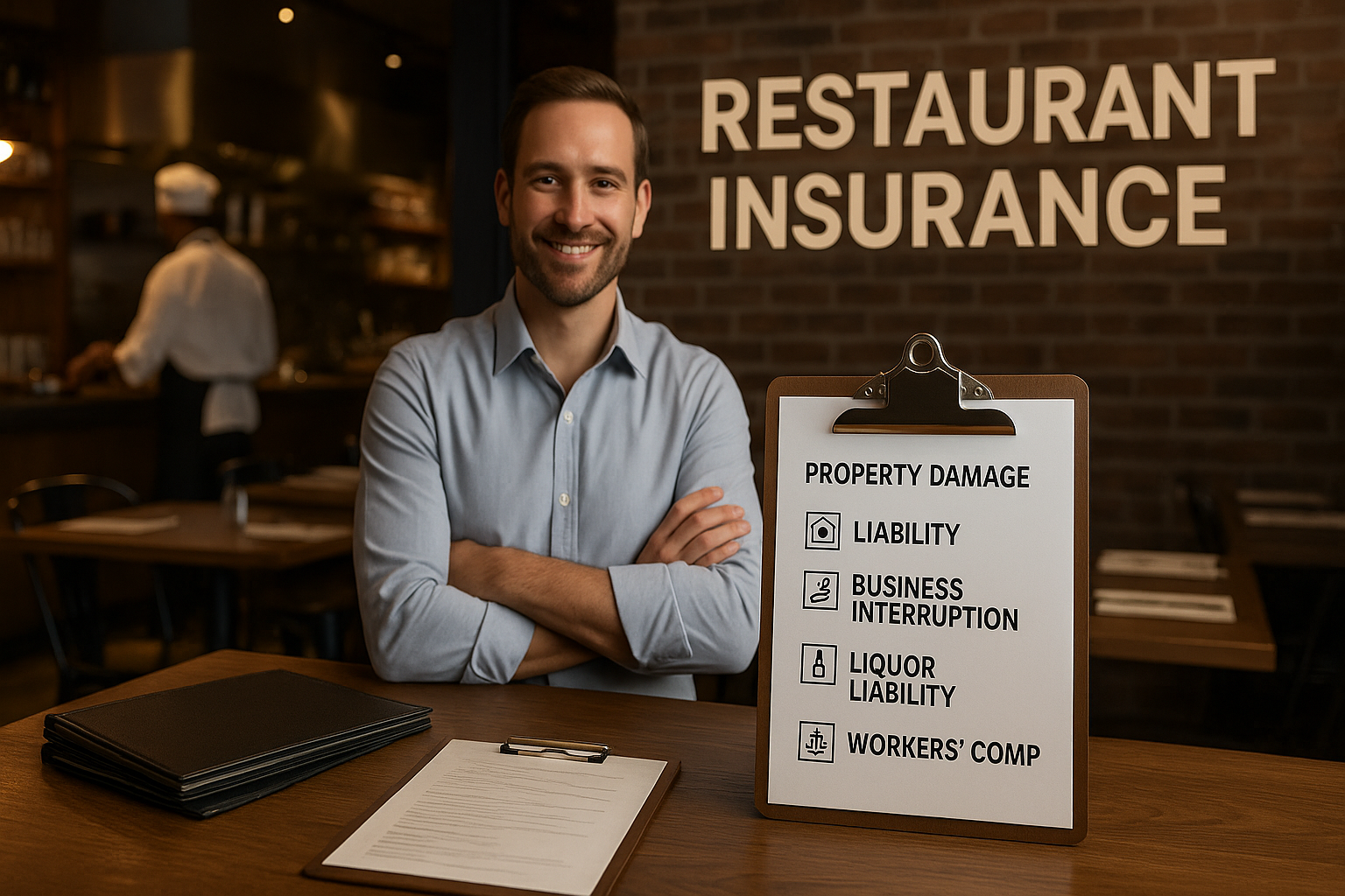 Busy restaurant kitchen with chefs and a manager reviewing an insurance certificate