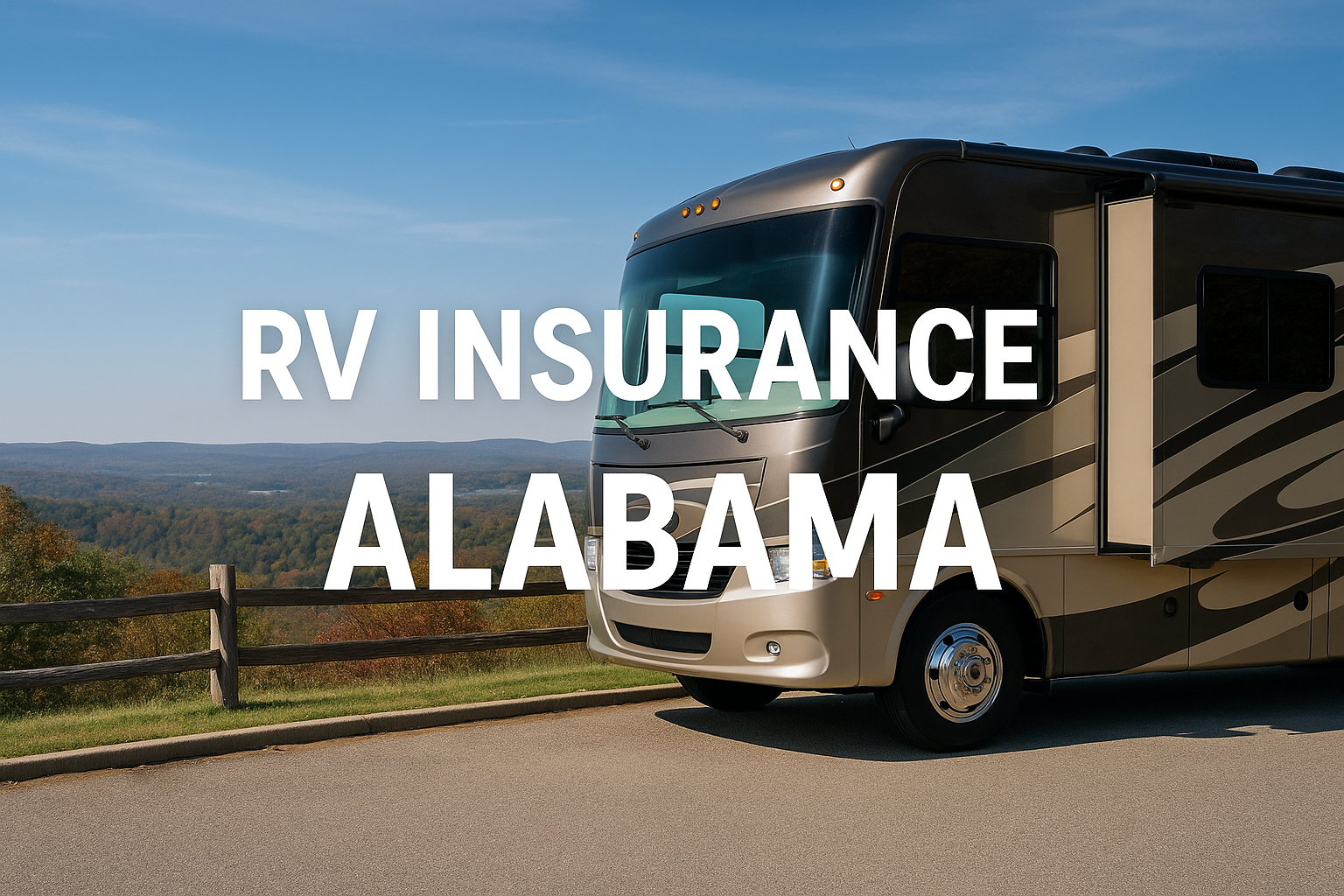 Alabama RV traveling near forested roads while an independent agent compares RV insurance coverage