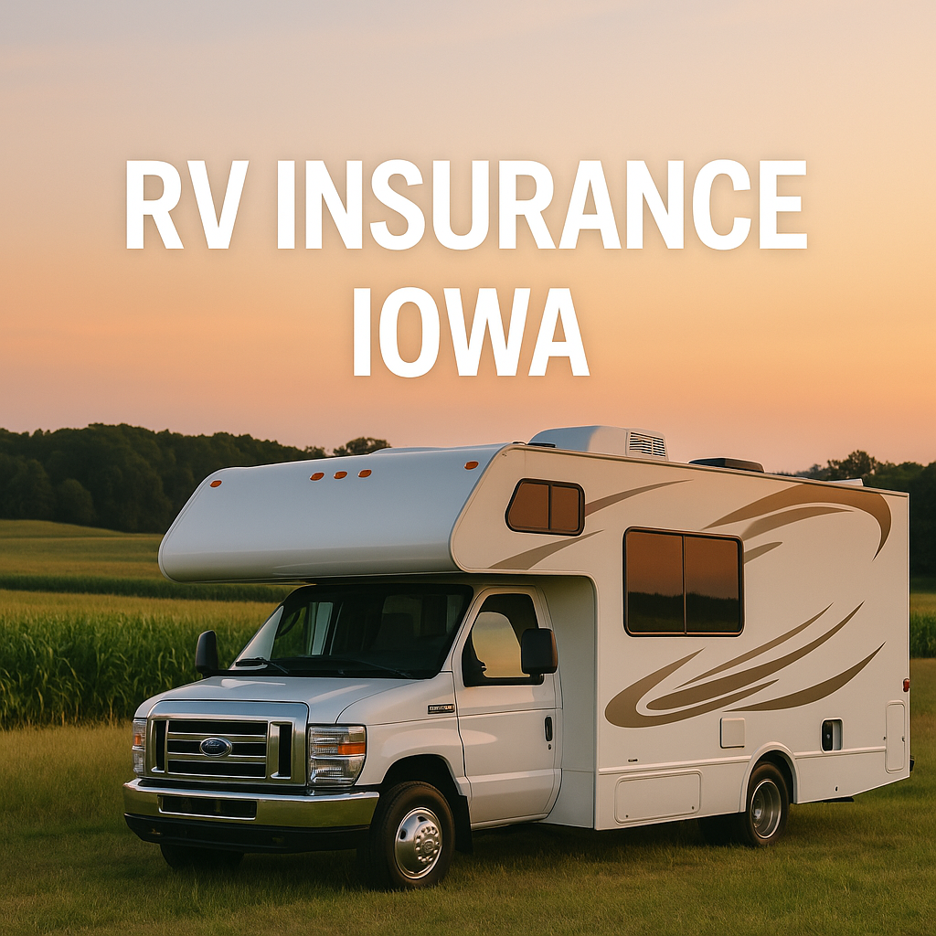 RV rolling past Iowa cornfields while an independent agent compares coverage options