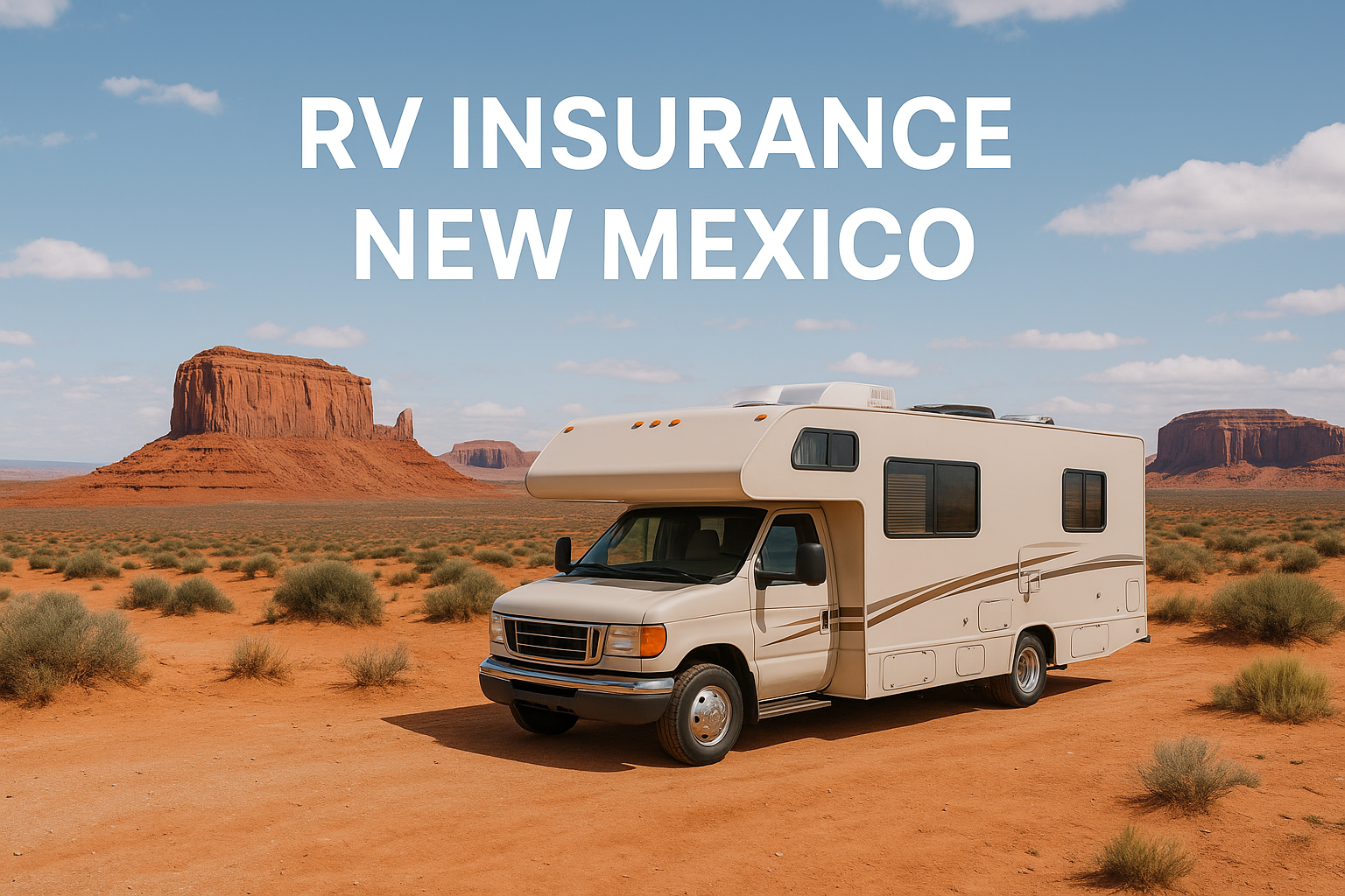 RV traveling through New Mexico desert near red rock cliffs while an independent agent compares coverage