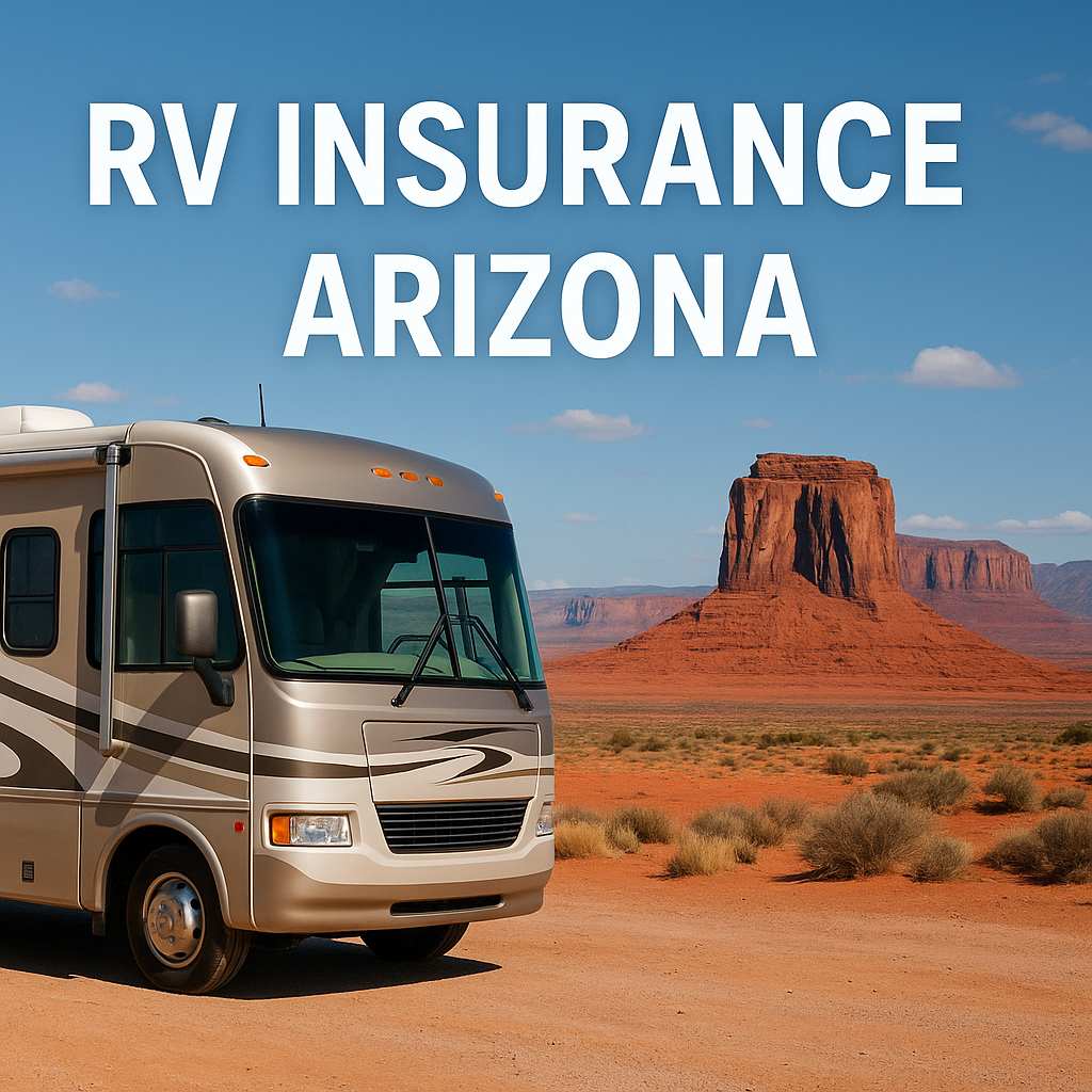 Arizona RV driving past saguaro cacti with an independent agent reviewing coverage options
