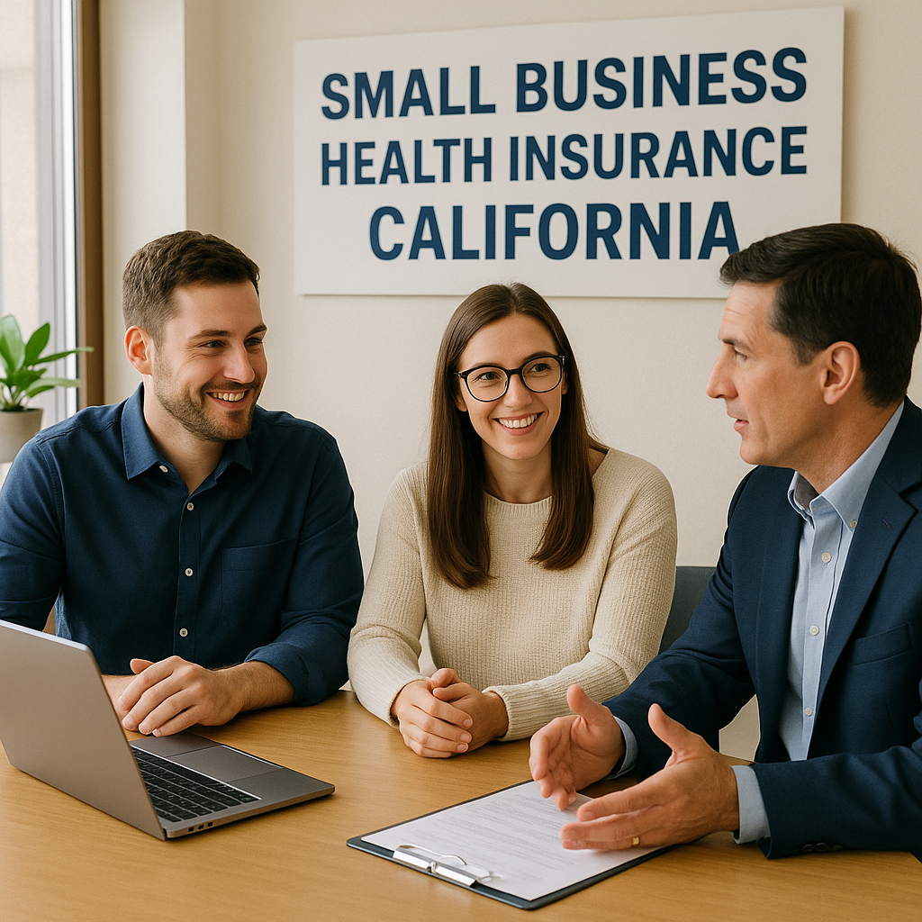 California small business owner reviewing group health insurance options with an independent broker