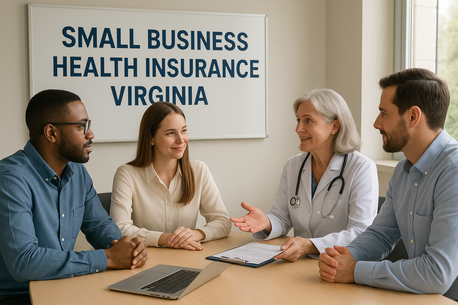 Virginia small business owner reviewing group health insurance options with an independent broker