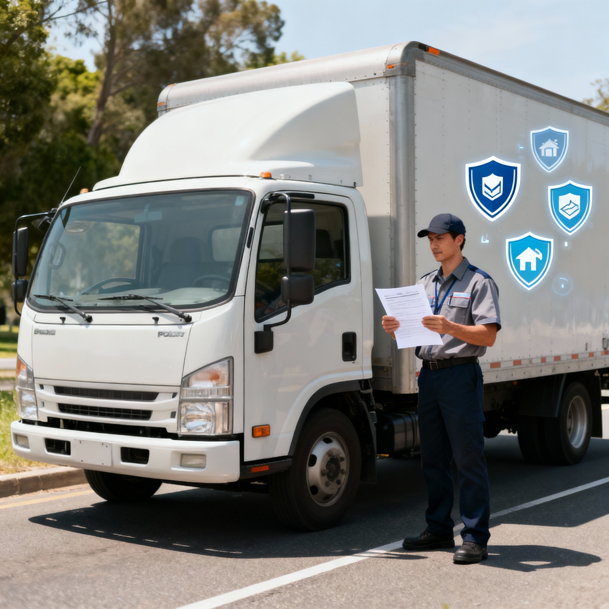 Owner-operator reviewing truck insurance coverages with an agent beside a semi truck