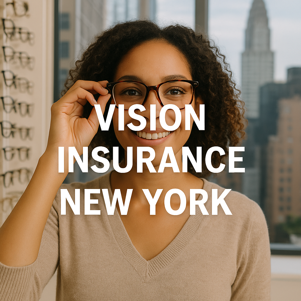 New York resident comparing vision insurance plans with glasses and frames on desk