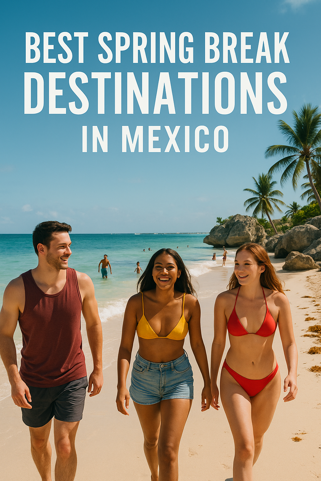 Friends enjoying a beach sunset at a popular spring break destination in Mexico