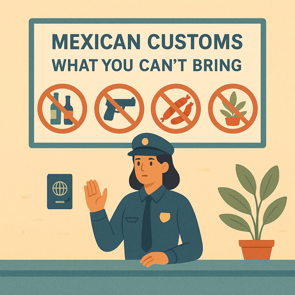 Traveler reviewing Mexican customs prohibited items list before packing