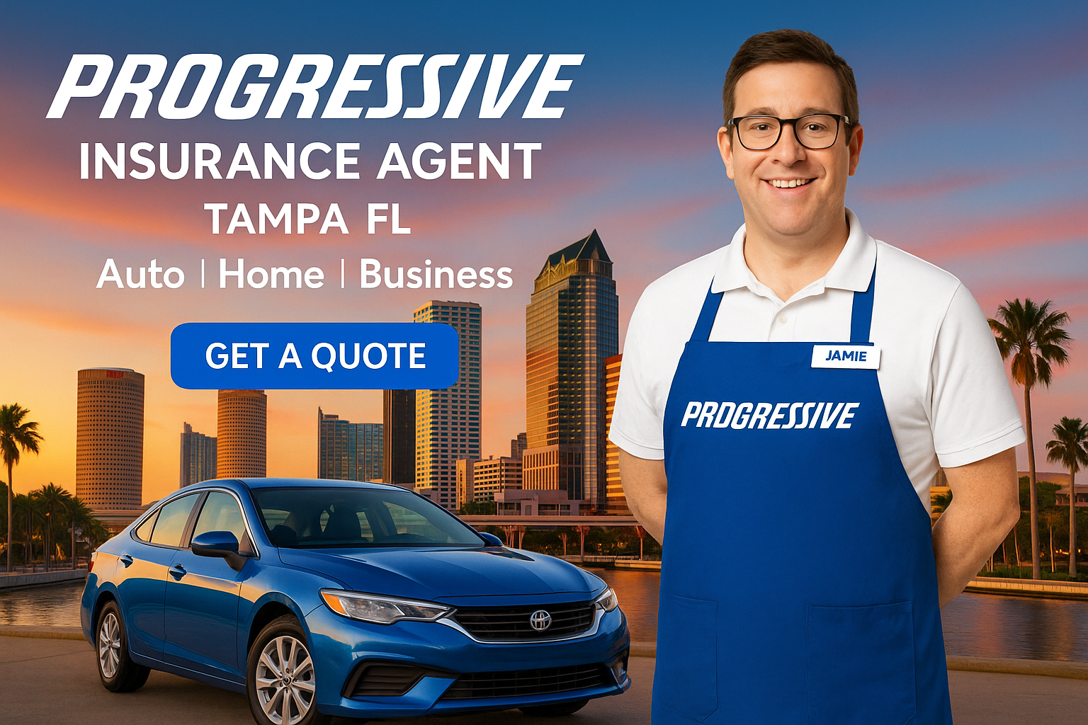 Progressive insurance concept over Tampa Bay skyline with cars and homes in the foreground