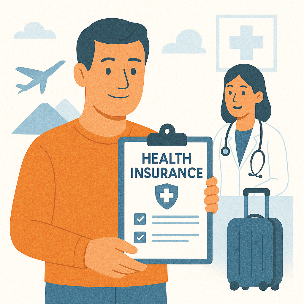 Students, expatriates, and international workers standing in front of a world map with global health coverage