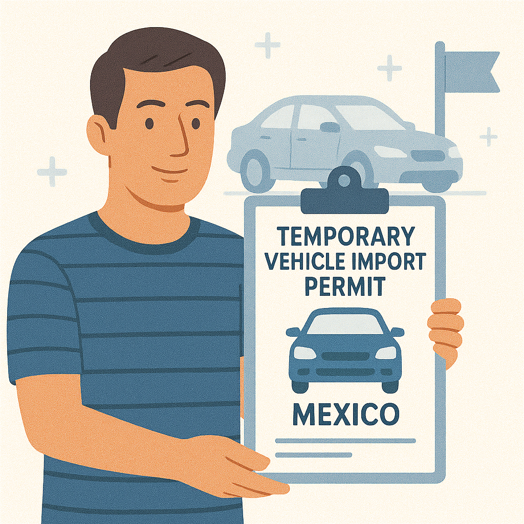 Driver preparing Temporary Vehicle Import Permit paperwork for a Mexico road trip