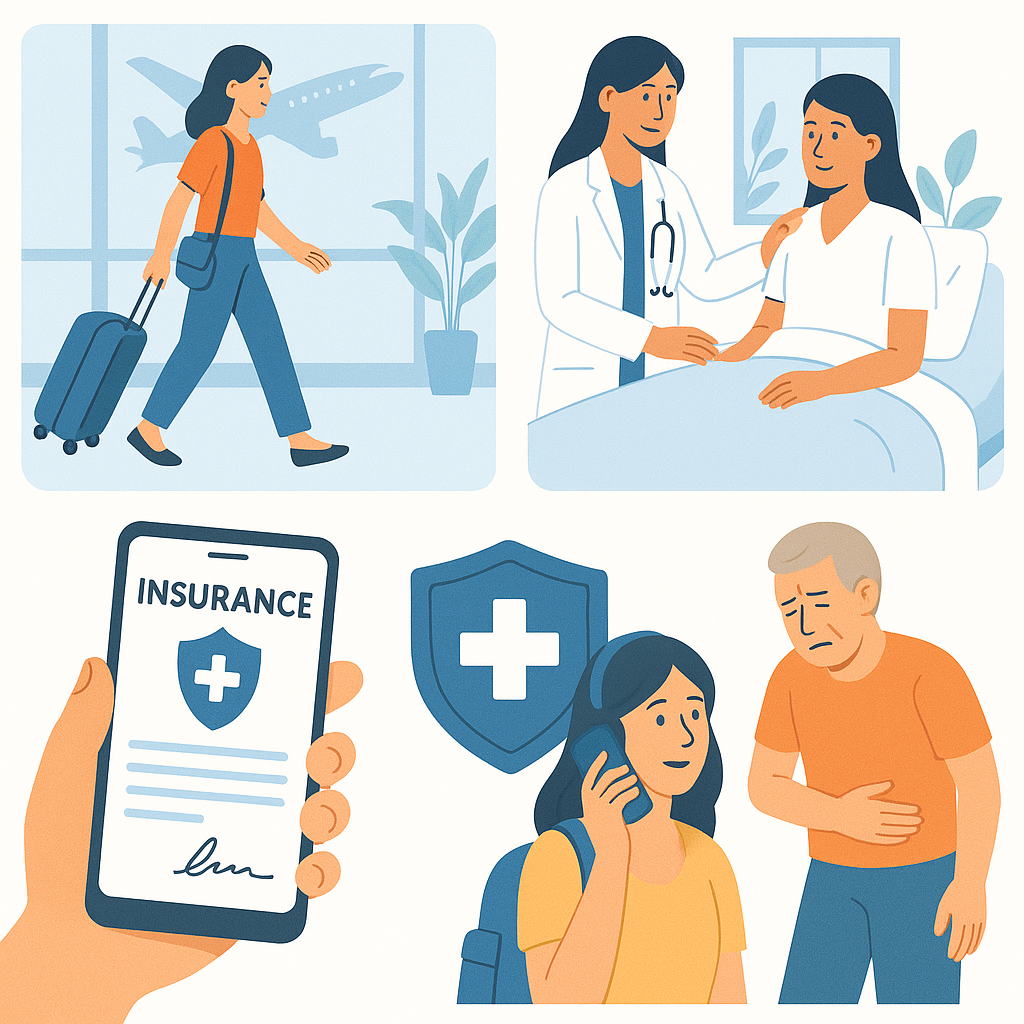 Traveler comparing credit card benefits and dedicated travel medical insurance plans