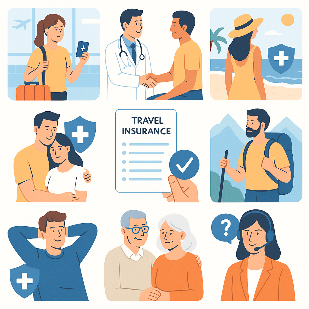 Traveler reviewing travel medical insurance options before an international flight