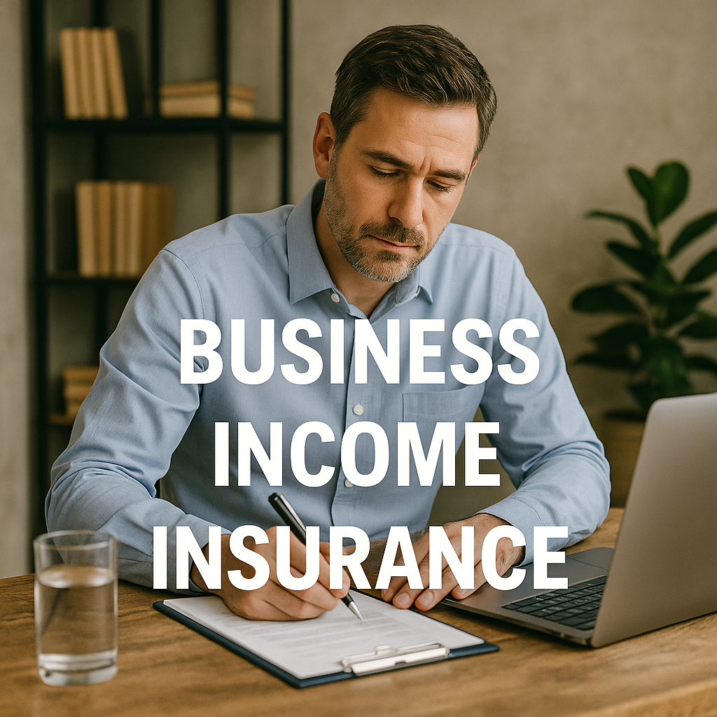 Small business owner reviewing business income insurance and financial reports with an advisor