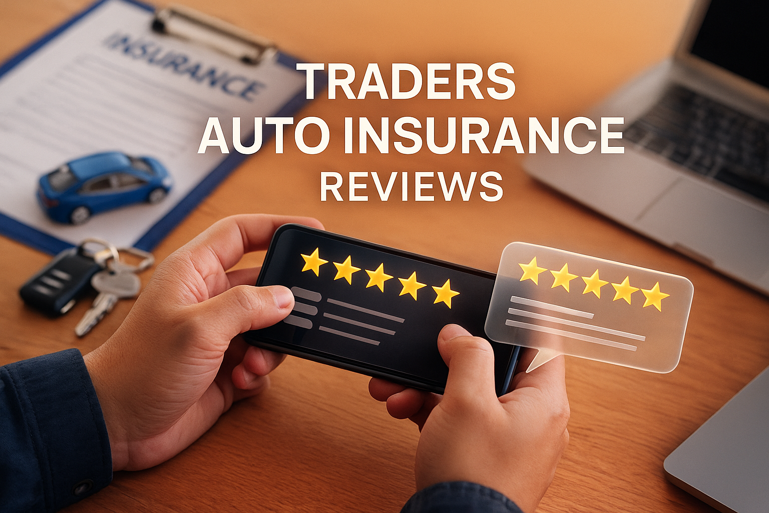 Driver reading Traders auto insurance reviews and comparing quotes on a laptop
