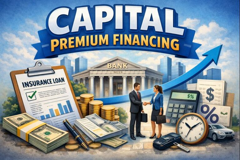 Illustration of insurance premium financing with a loan form, bank, and payment calculator