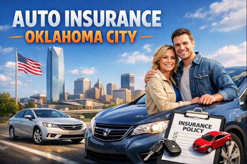 Oklahoma City driver comparing auto insurance coverage options with the downtown skyline in the background