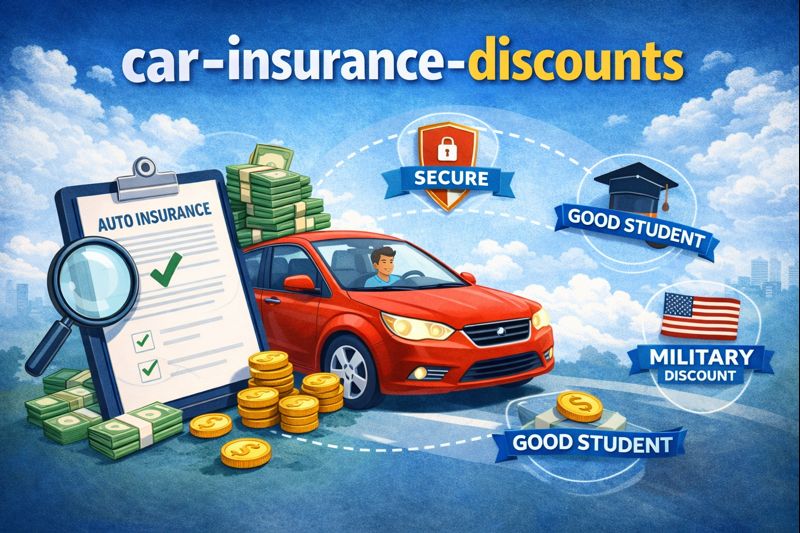 Car insurance discounts in 2026 illustrated as a savings checklist for drivers comparing auto coverage