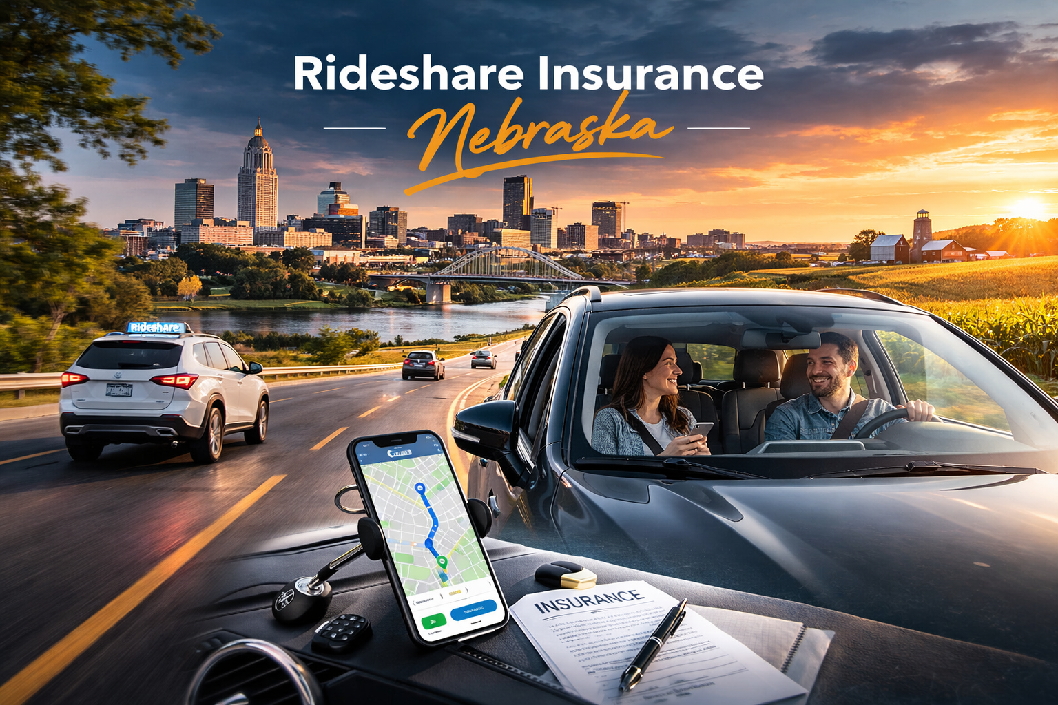 Nebraska rideshare insurance guide for 2026 showing Uber and Lyft coverage by app period and Nebraska transportation network company (TNC) insurance requirements